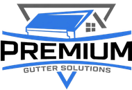 Premium Gutter Solutions logo with blue roof and gutter graphic above bold black text