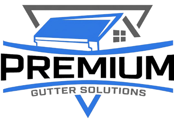 Premium Gutter Solutions logo with blue roof and gutter graphic above bold black text