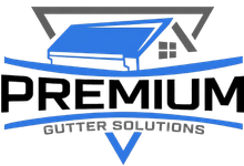 Premium Gutter Solutions logo with blue roof and gutter graphic above bold black text