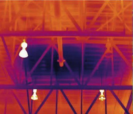 A thermal image of the ceiling of a building.