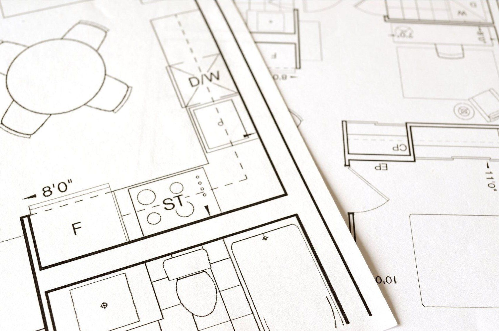 CAD drawing on bathroom and corner of kitchen