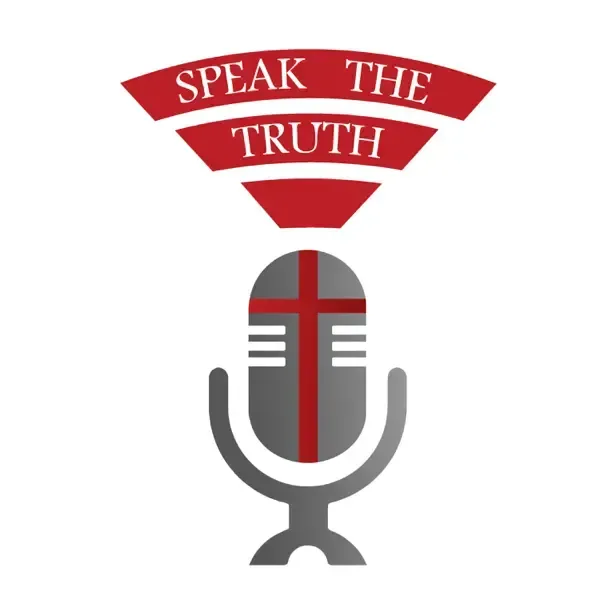 A logo for speak the truth with a microphone and a cross