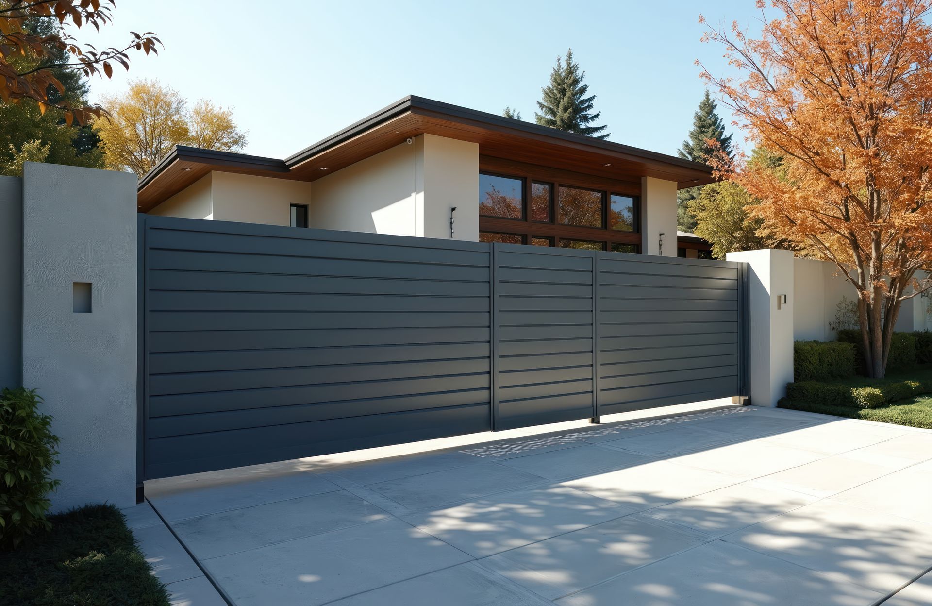 Gray horizontal-slat gate in front of a modern beige house, set on a concrete driveway with a blue sky.
