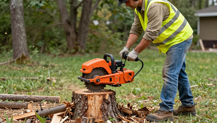 Worker grinds down a tree stump with equipment during Tree Service in Port Wentworth, GA to clear space for landscaping.