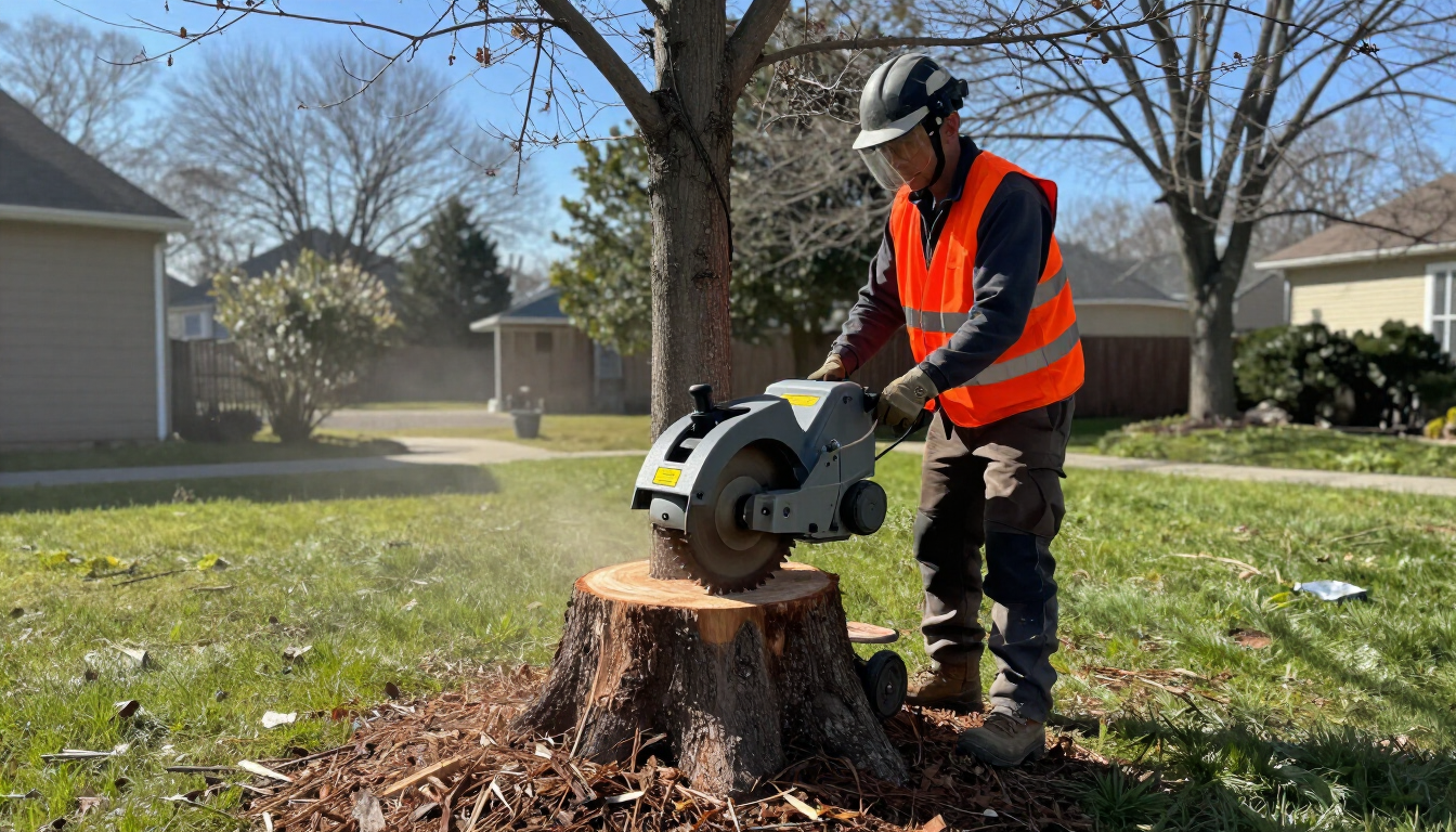 Worker grinds a large stump in a front yard during Tree Service in Port Wentworth, GA to clear space for new landscaping