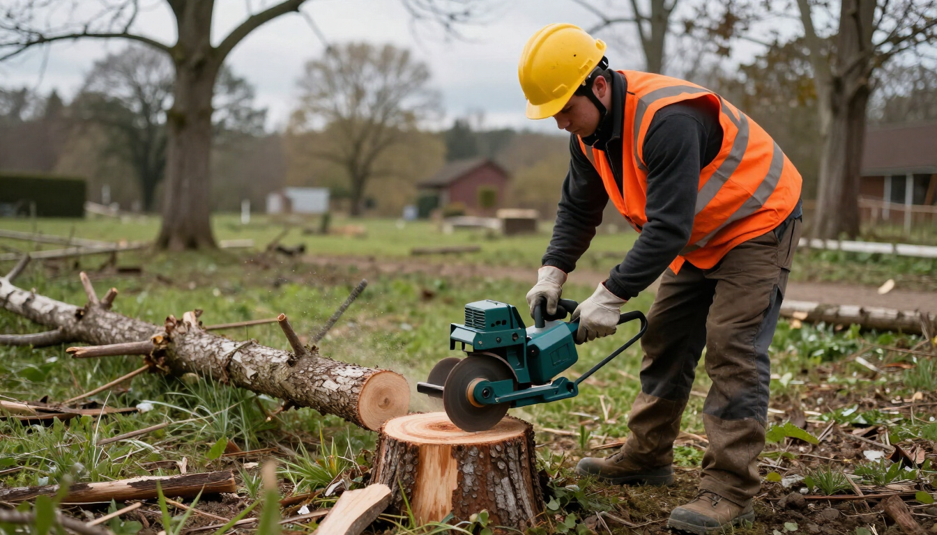 Stump grinding equipment removes a tree stump during Tree Service in Port Wentworth, GA for a cleaner, usable yard area.