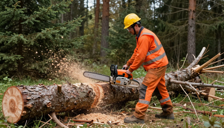 Worker cuts a fallen trunk with a chainsaw during Tree Service in Port Wentworth, GA for safer tree removal and cleanup.
