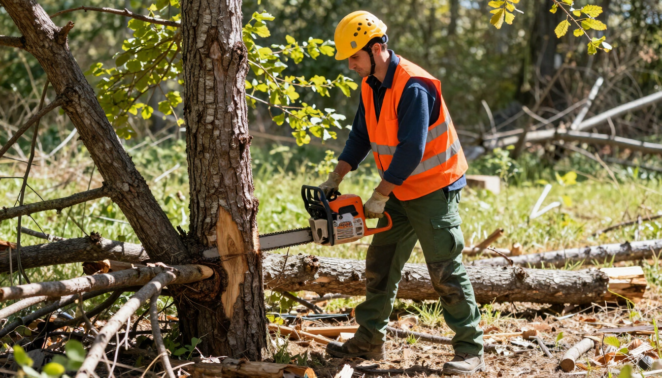 Worker cuts a fallen trunk with a chainsaw during Tree Service in Port Wentworth, GA for safe trunk removal and cleanup.