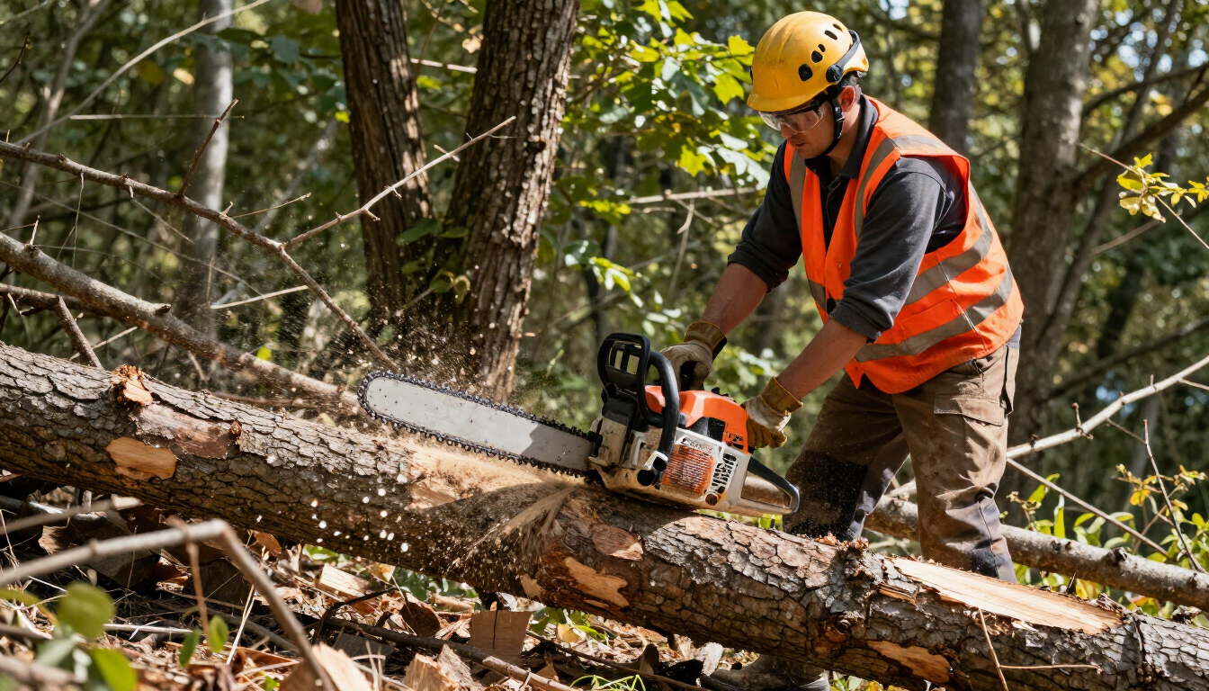 Worker slices through a fallen log with a chainsaw during Tree Service in Port Wentworth, GA for safe tree removal work.
