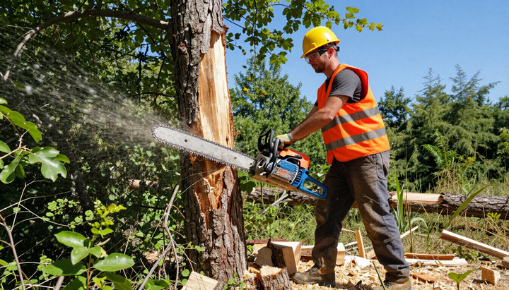 Worker cuts into a thick trunk with a chainsaw during Tree Service in Port Wentworth, GA for safe tree removal and care.