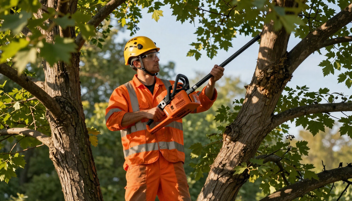 Worker trims a thick tree branch with a chainsaw during Tree Service in Port Wentworth, GA for safe branch removal work.