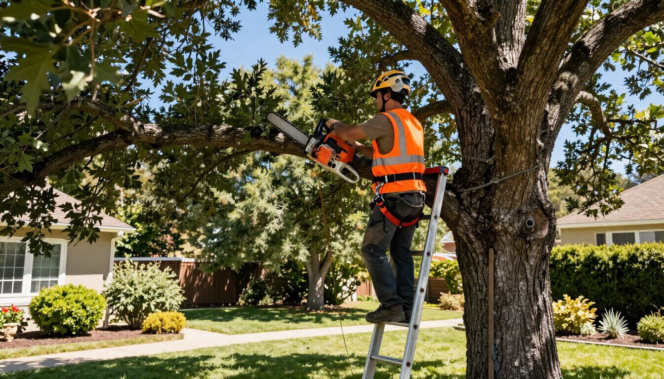 Worker trims branches from a ladder during Tree Service in Port Wentworth, GA, to improve clearance around the property.