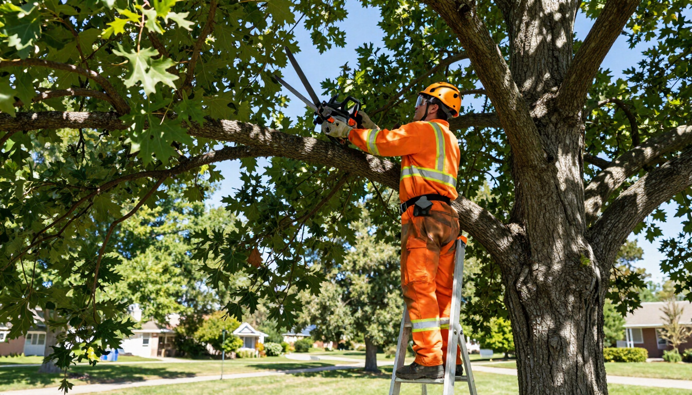 Worker trims overhead branches from a ladder during Tree Service in Port Wentworth, GA, to improve clearance and safety.