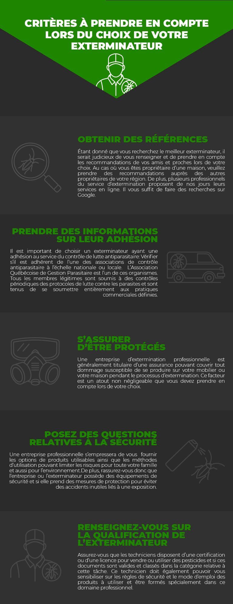 Infographie contenant des conseils pour choisir un exterminateur, texte vert et blanc sur fond gris foncé.