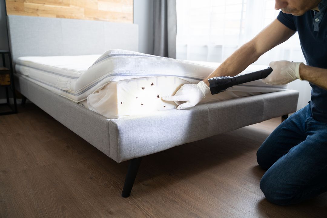 Une personne examine un lit à la recherche de parasites à l'aide d'une lampe de poche, portant des gants, dans une chambre.