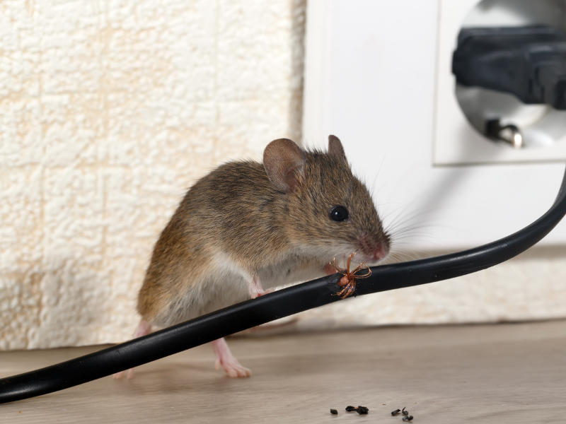 Une souris ronge un câble électrique noir près d'une prise.