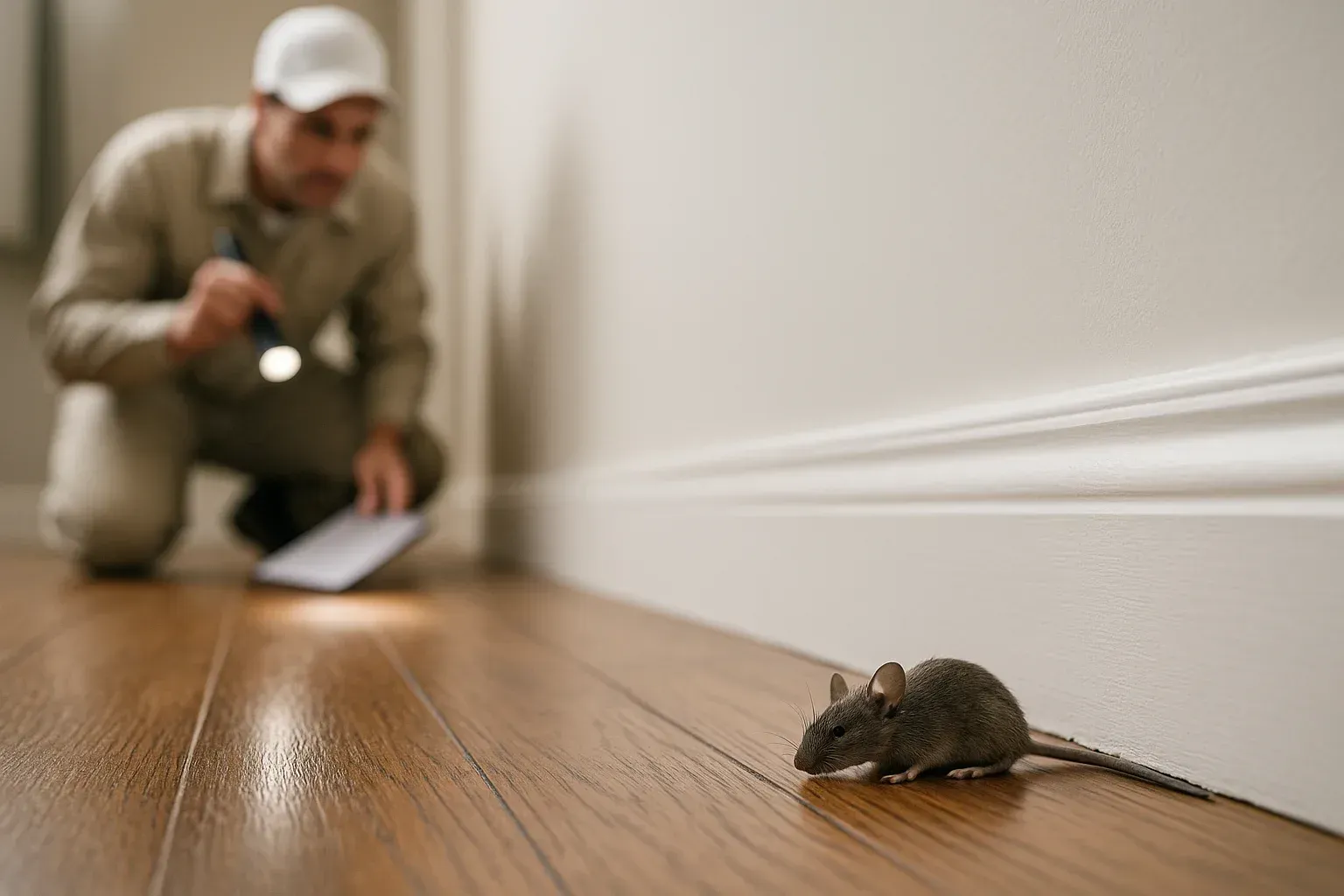 Un technicien en désinsectisation examine une souris sur un plancher en bois près d'un mur, à l'aide d'une lampe de poche.