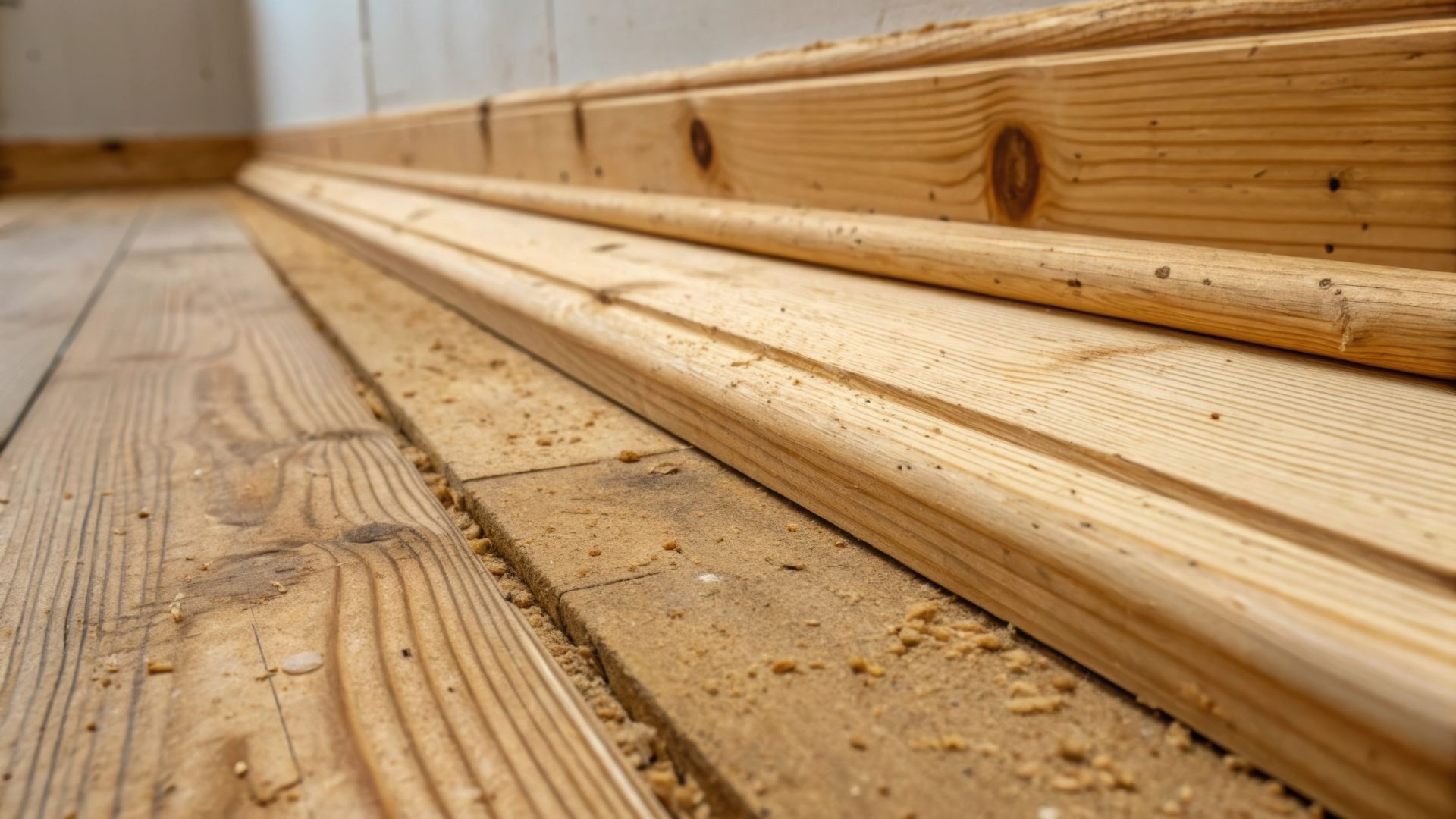 Plancher en bois recouvert de sciure, avec plinthes.