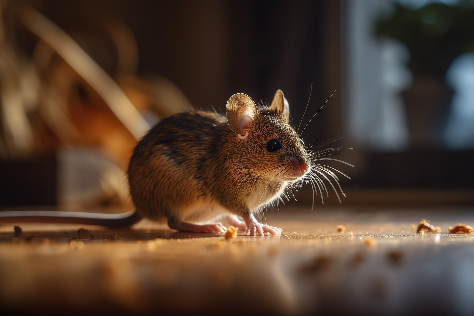 Souris brune sur une surface en bois, éclairée par la lumière du soleil.