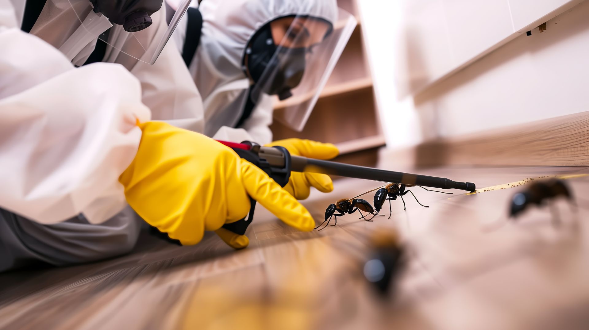 Un technicien en désinsectisation, vêtu d'une combinaison de protection, pulvérise un insecticide près de grosses fourmis sur un plancher en bois.