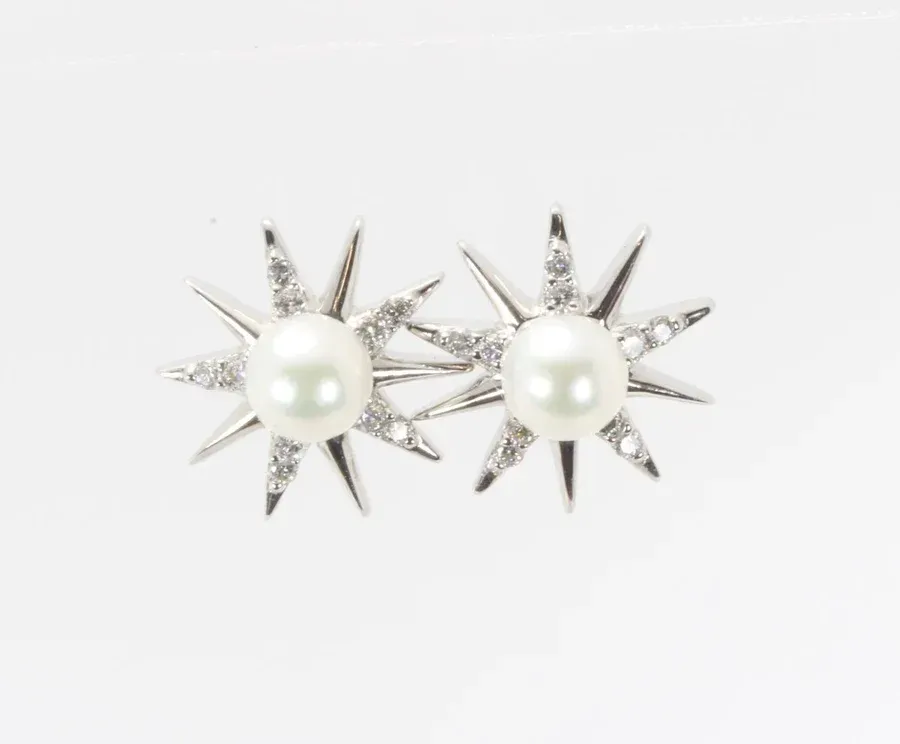 10K White Gold 5mm Pearl Diamond Starburst Earrings