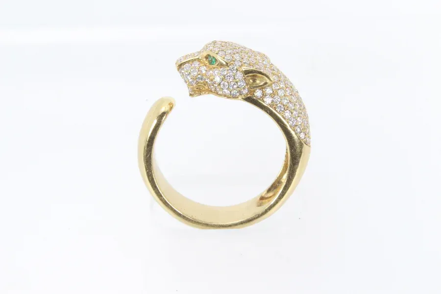 18K Yellow Gold 1.00ctw Diamond Emerald Panther Ring Size 6.5