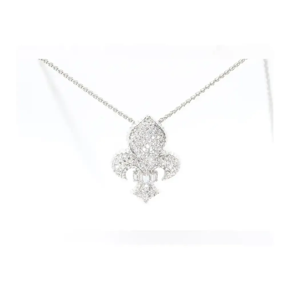 Custom 14k White Gold Diamond Fleur De Lis Pendant 18