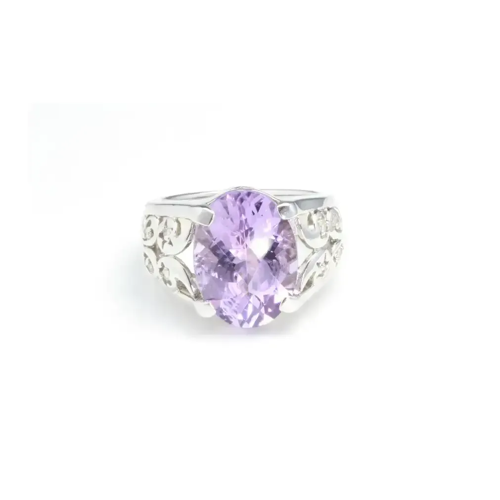 14k White Gold Amethyst Diamond Scroll Design Ring Size 6.5