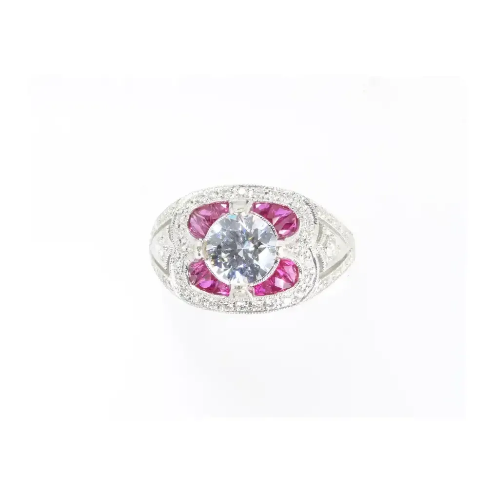 14k White Gold .30ctw Diamond & Ruby CZ Center Semi Mount Engagement Ring Size 6.5