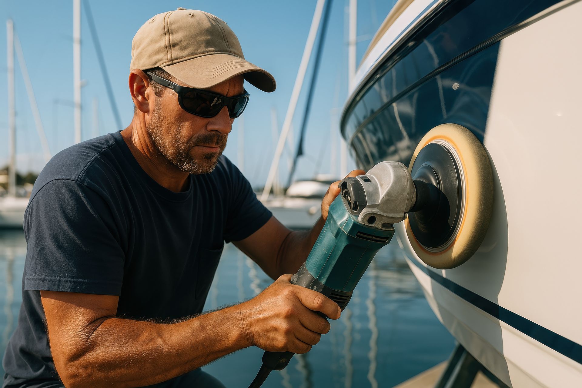 Man polishing a boat hull with a power buffer at a marina, with sailboats in the background