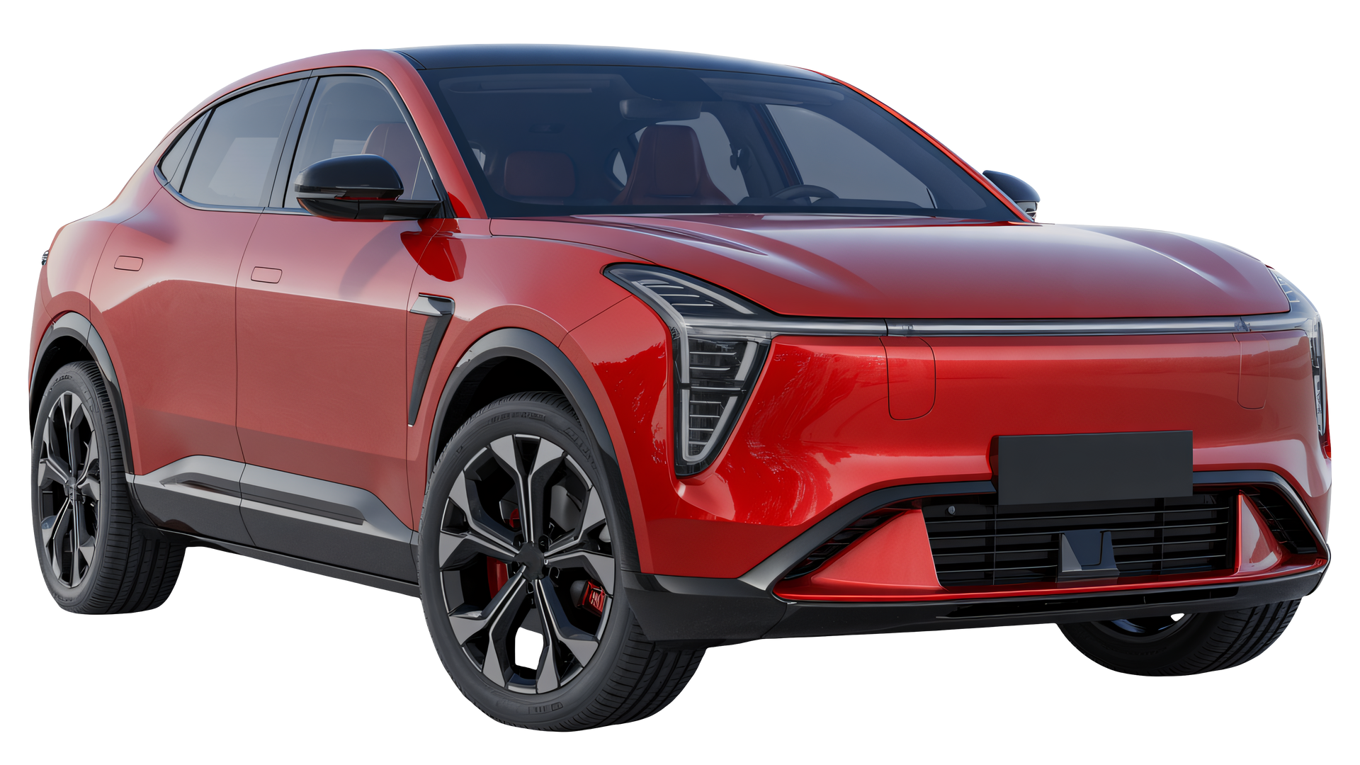 Red futuristic electric SUV with black wheels, shown in front three-quarter view on a white background