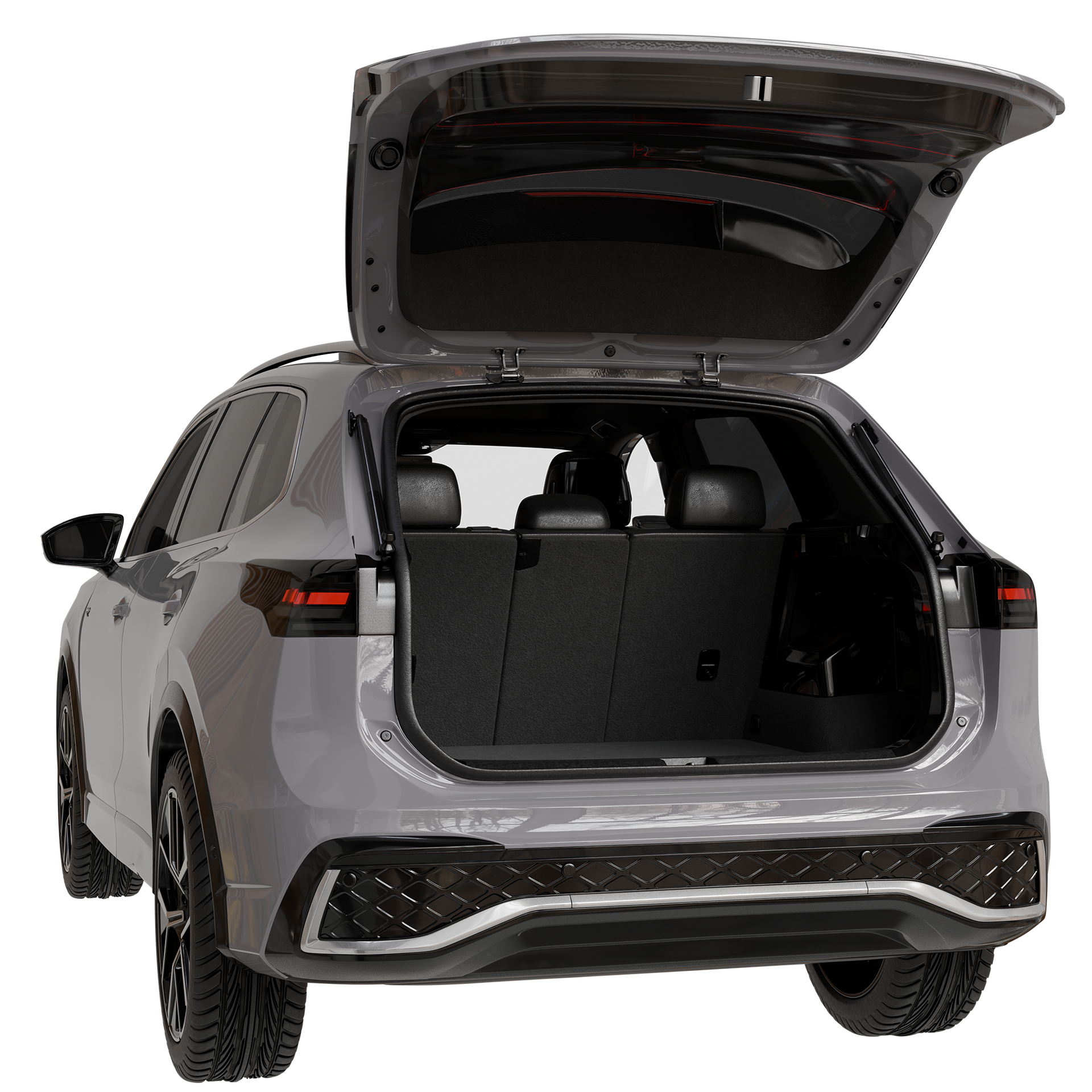 Rear view of a gray SUV with its tailgate open, showing the cargo area.