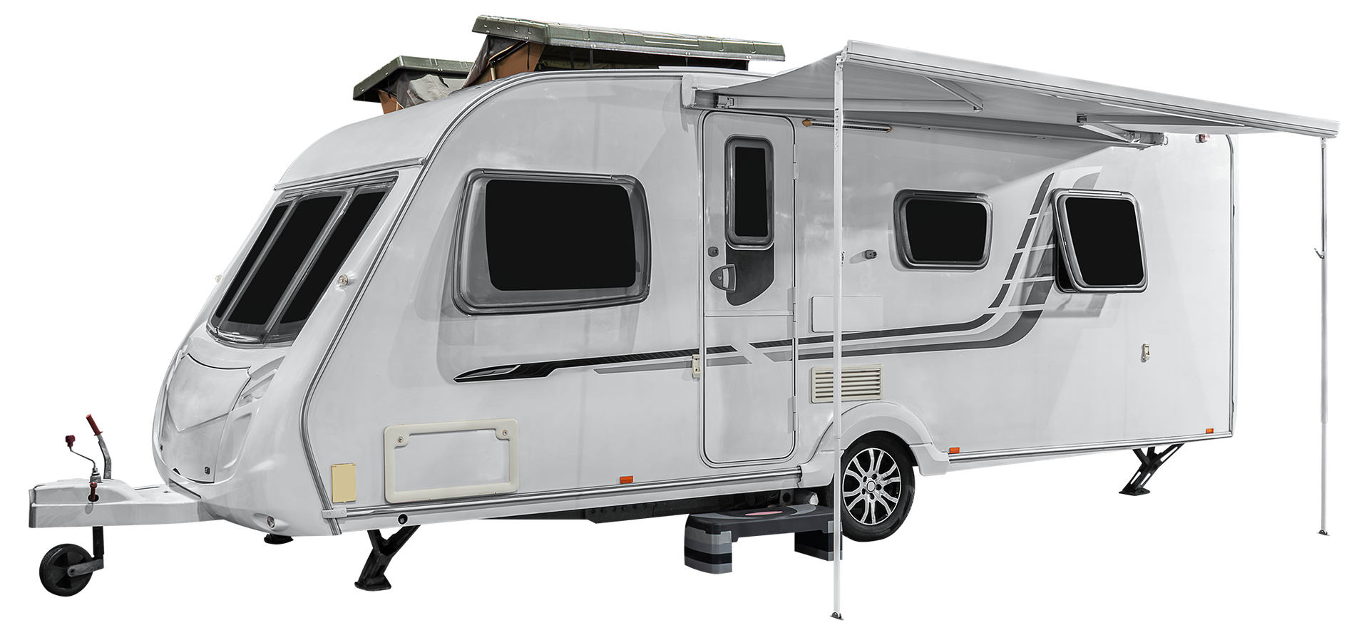 White camper trailer with awning, windows, and a front hitch on a plain white background