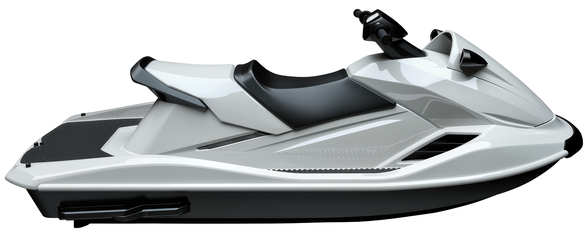 White and black jet ski side view on a plain background