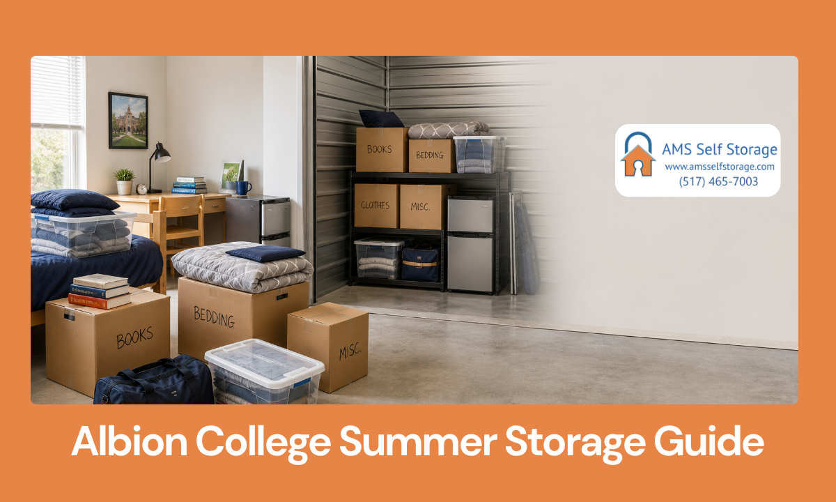 College student packing dorm items into boxes and bins for summer storage