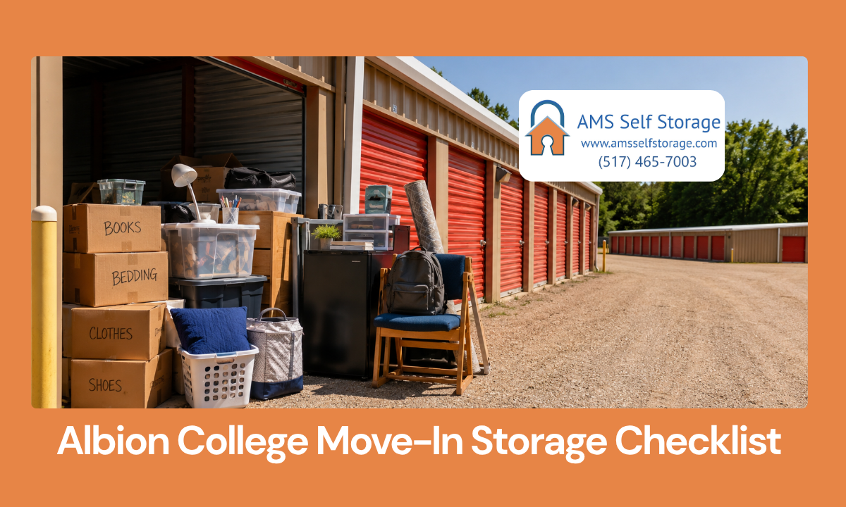 Dorm boxes and bins picked up from storage for Albion College fall move-in