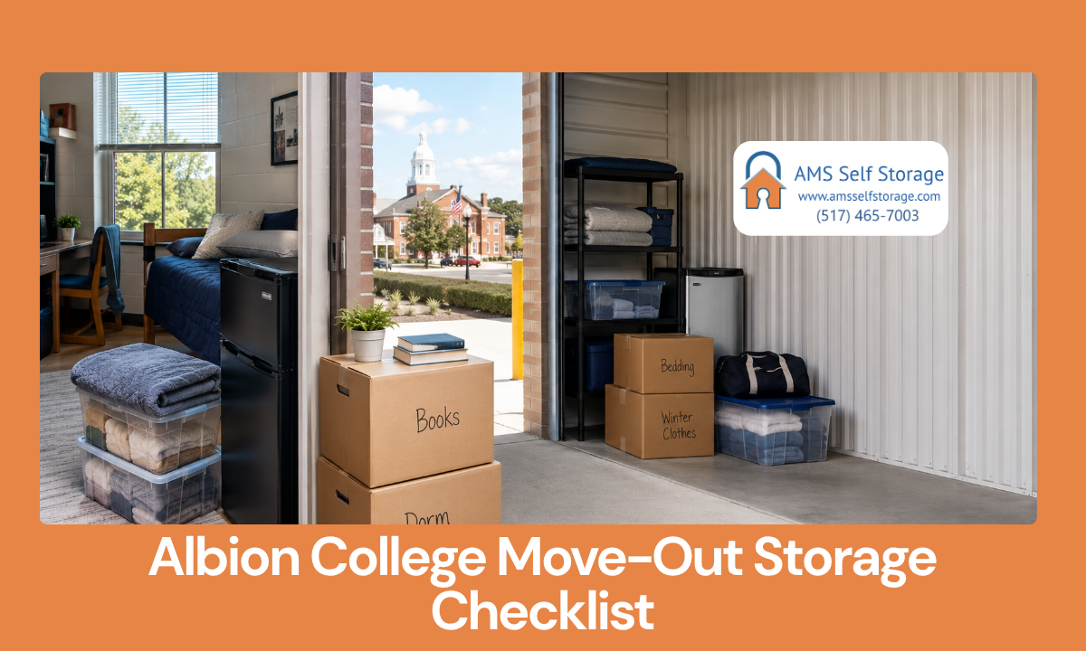 Dorm room items arranged to show what fits in a student summer storage unit
