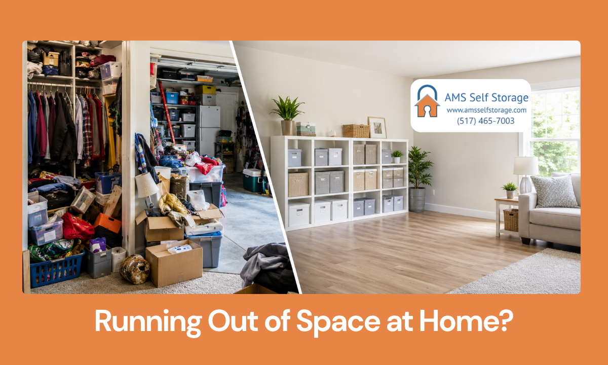 Cluttered home transitioning into clean organized space with storage bins and shelving