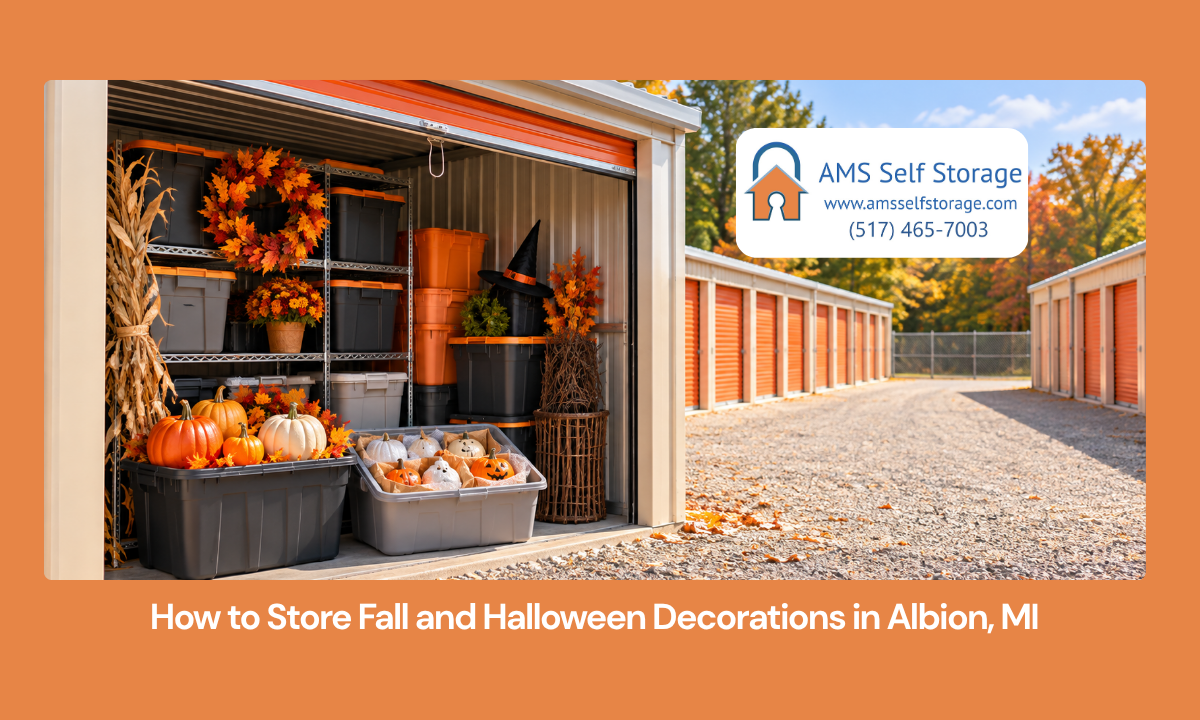 Fall and Halloween decorations organized in sturdy totes at a drive-up storage unit at AMS Self Storage in Albion, Michigan.