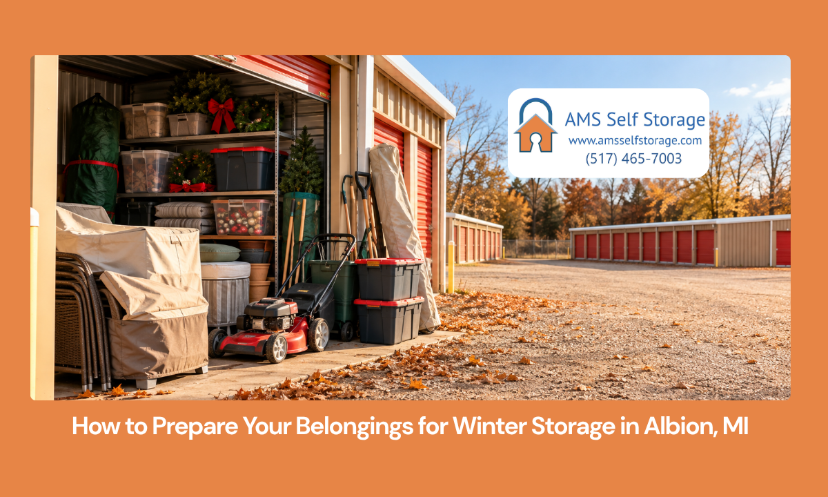 Furniture, tools, seasonal gear, and labeled storage totes prepared for winter storage at AMS Self Storage in Albion, Michigan.