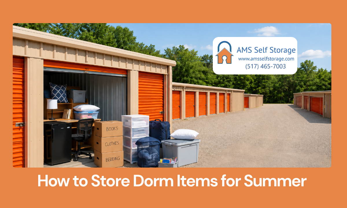 Dorm room items packed into boxes and bins for summer storage near Albion College
