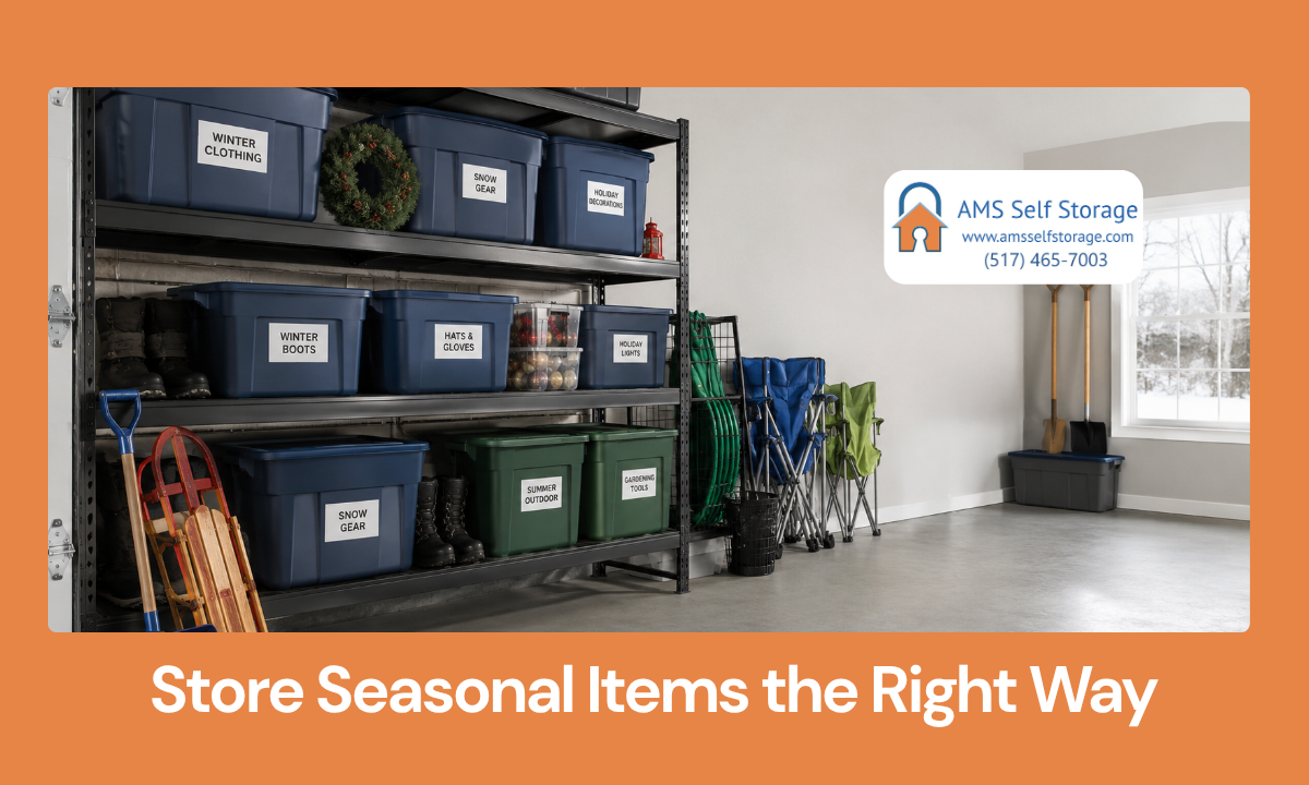 Seasonal storage bins and winter gear organized neatly on shelves in a garage