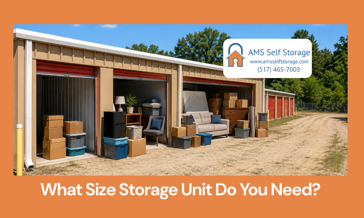 Storage unit size examples with boxes, dorm items, and furniture at AMS in Albion