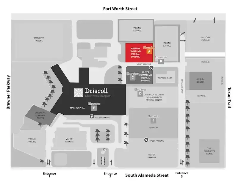 Campus map with labeled buildings and streets, highlighting the DellCol site in the center.