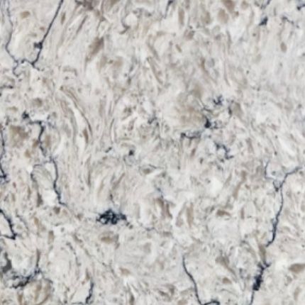 A close up of a white granite counter top with black veins.