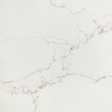 A close up of a white quartz counter top with a gold vein.