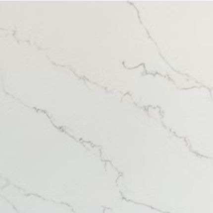 A close up of a off white quartz counter top with a marble texture.