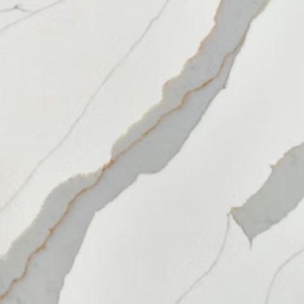 A close up of a white quartz counter top with a unique gray and gold marble pattern.