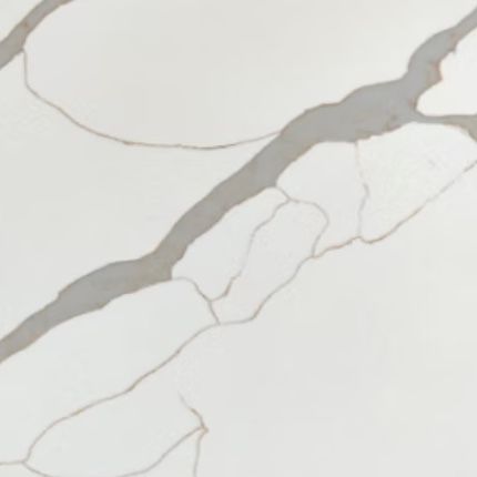 A close up of a white quartz counter top with a unique gray marbling pattern.