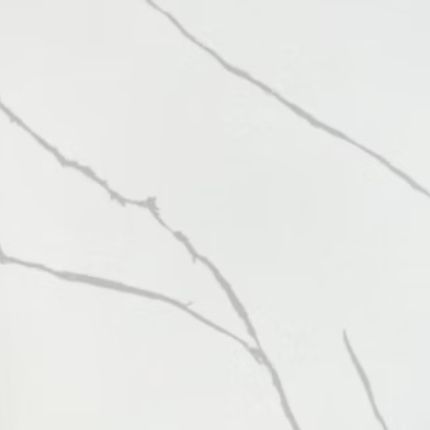 A close up of a white quartz counter top with a marble texture.